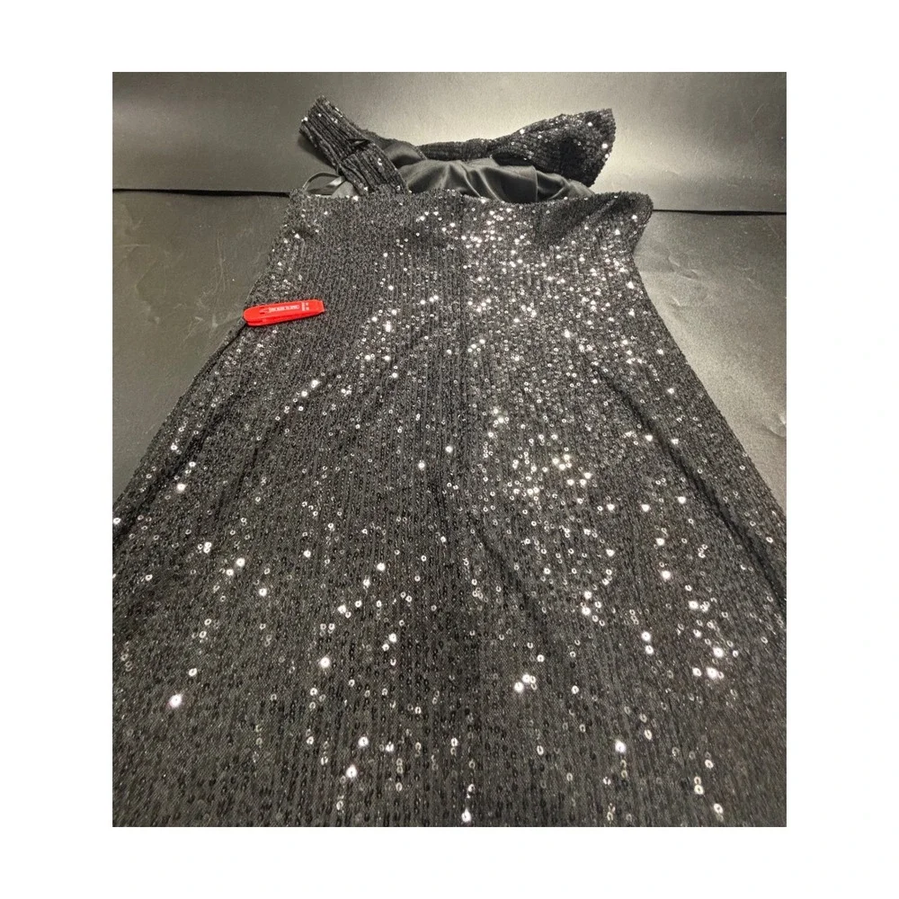 IEENA FOR MAC DUGGAL 11286 Black Sequin One Shoulder Bow‎ Midi Dress 12 NEW